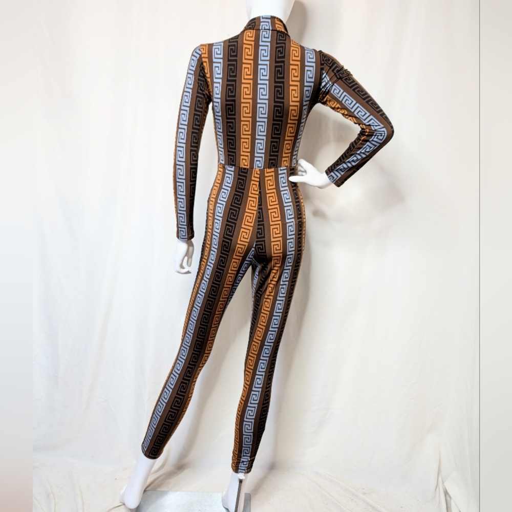 Greek Key Pattern Brown & Light Blue Half Zip Mock Neck Long Sleeve Jumpsuit - Picture 10 of 11